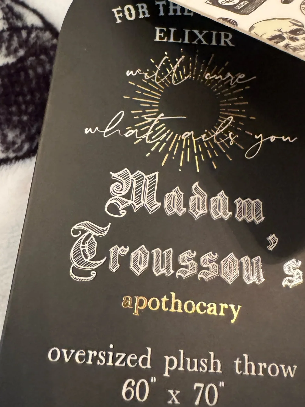 Madam Troussou’s Apothecary Black & White Witchcraft Print Plush Throw Blanket